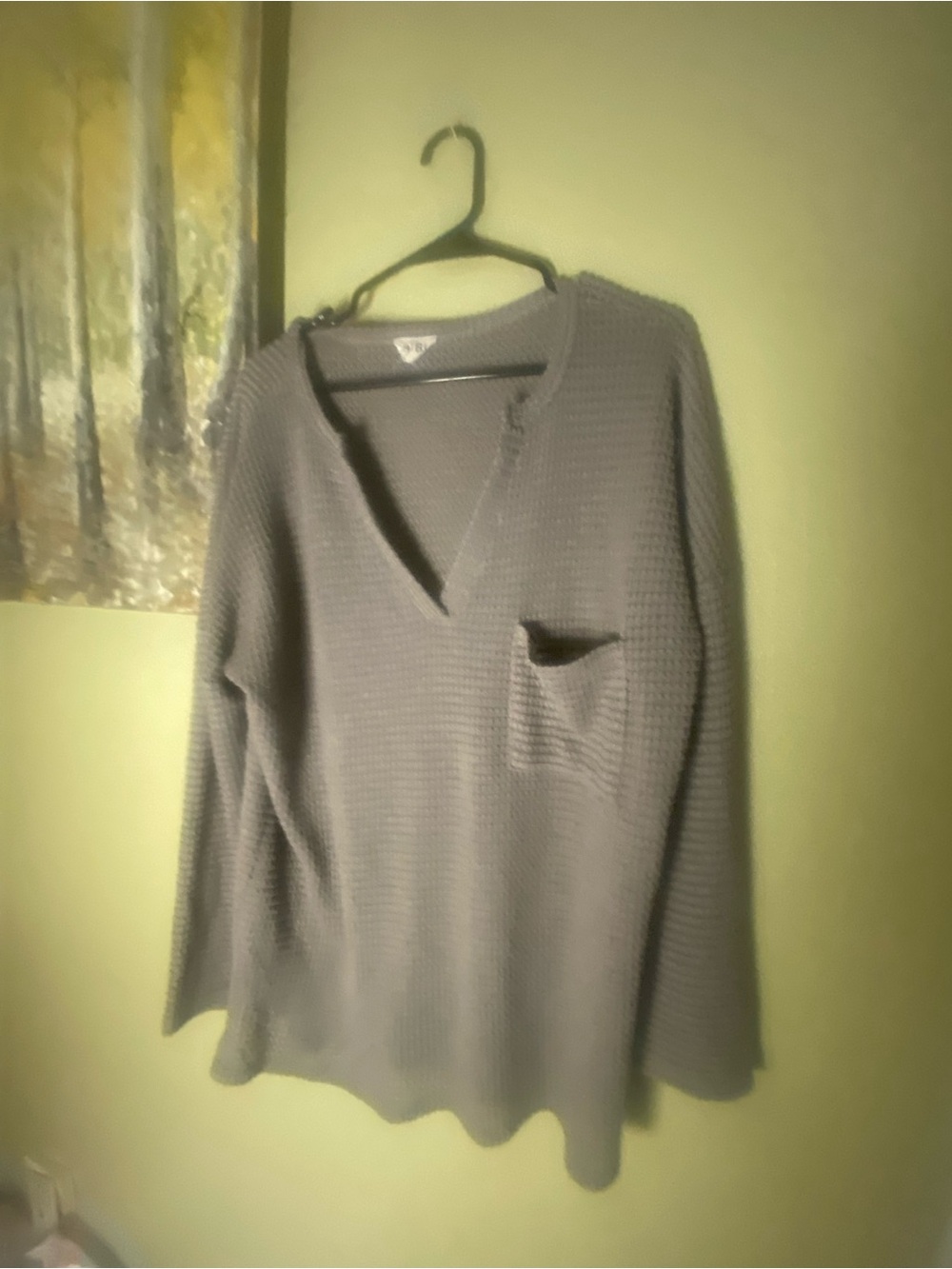 BiBi  taupe V-Neck Waffle Knit Top with Chest Pocket
